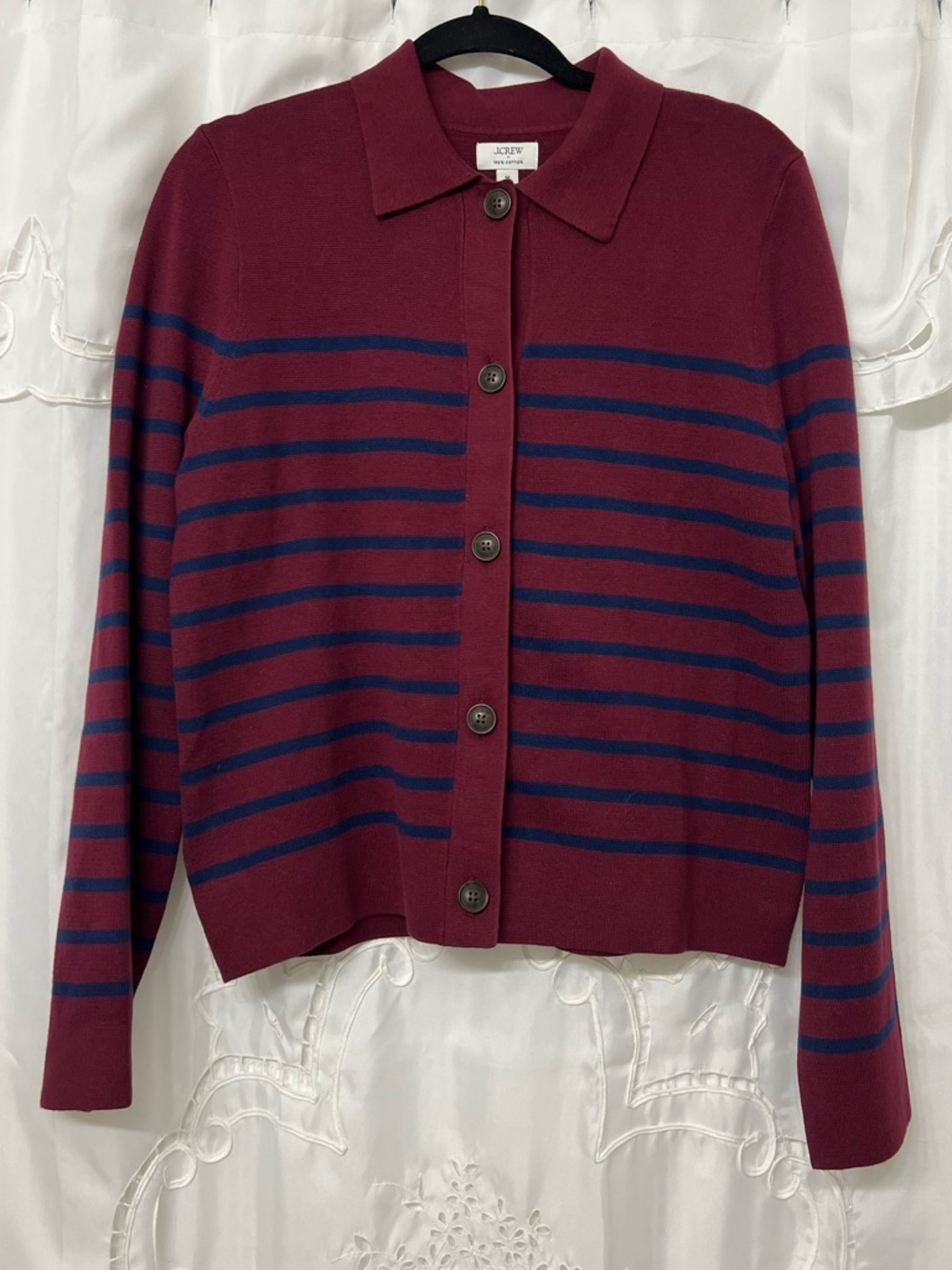 J.Crew Striped Cotton Sweater Cardigan Red Blue Collared Button Front Medium NWT - Picture 2 of 13
